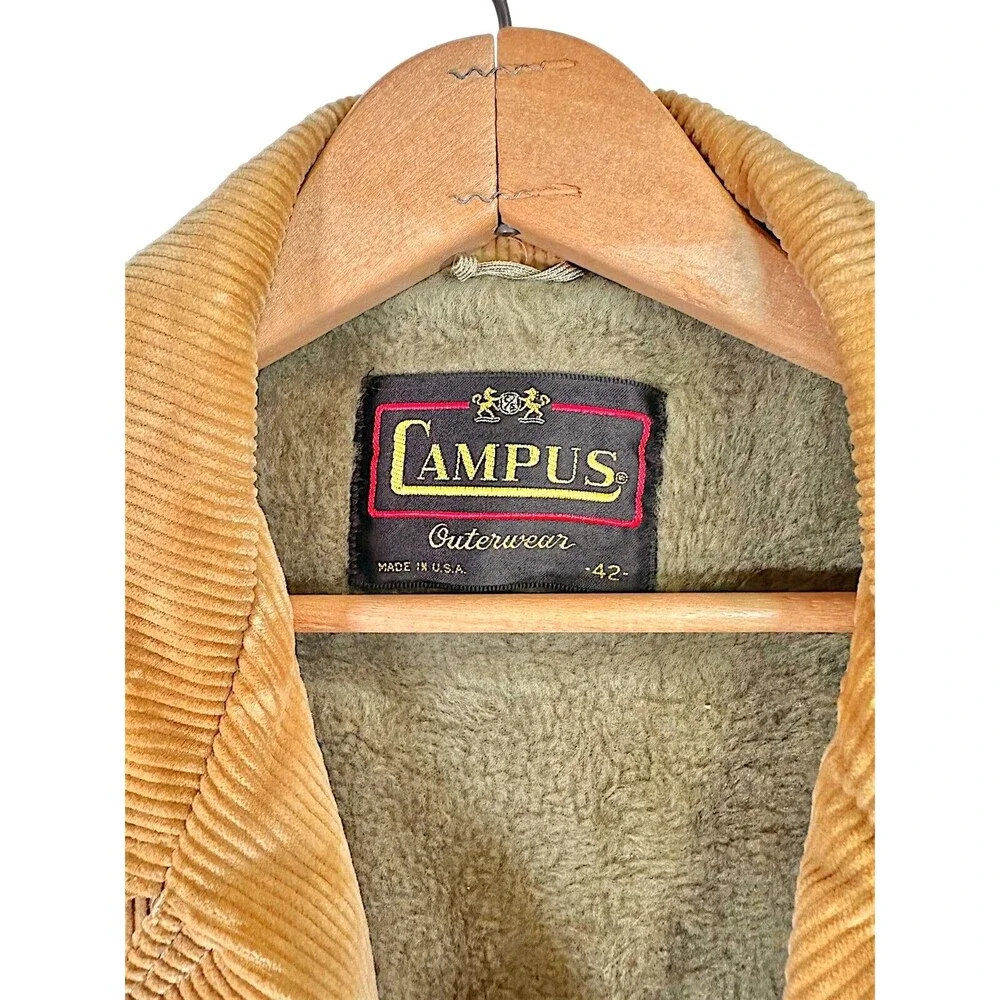 Vintage Campus Outerwear Belted Corduroy Lined Coat Men's 42